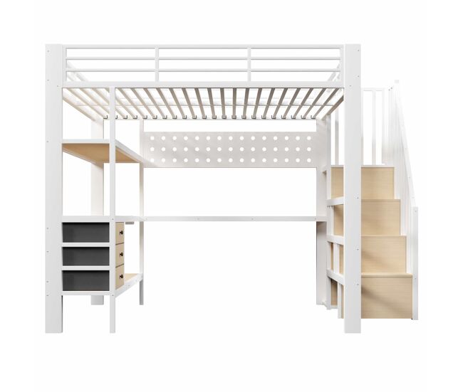 Cama alta 140x200 cm - estructura metálica con estante, cajón, panel perforado, escritorio, enchufe y luz led, sin colchón - blanco