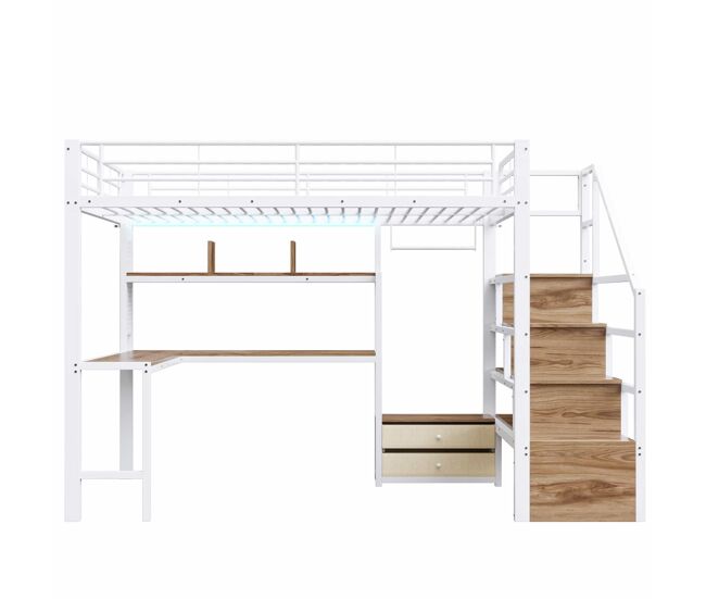 Cama alta 140x200 cm - estructura de hierro, 2 cajones, rejilla para colgar objetos, tira de luz led, escritorio, escalera con almacenamiento, sin