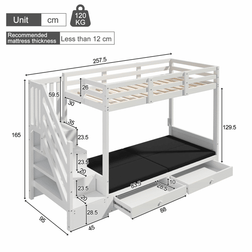 Beliche infantil multifuncional 90x200 - com escada e armário, 2 gavetas, cama inferior convertível em sofá, com almofadas, sem colchão - branco