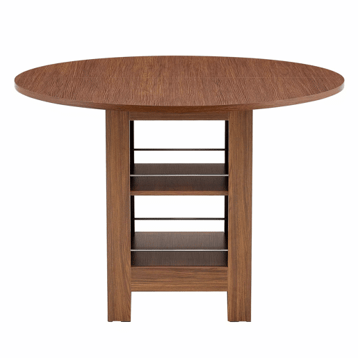 Mesa de jantar redonda de 100 cm u2013 com prateleiras abertas, acabamento em nogueira, para 4-6 pessoas u2013 nogueira