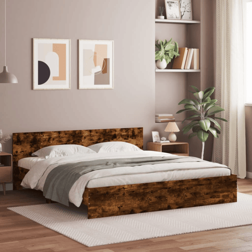Estrutura de Cama de casal para adultos com cabeceira 160x200 cm carvalho fumado Estrutura de Cama de casal para adultos com cabeceira 160x200 cm carvalho fumado