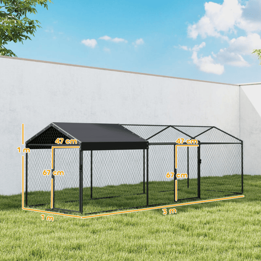 PawHut Galinheiro para Exterior Grande, 3x1x1 m, Galinheiro Metálico com Cobertura em Tecido Oxford, Anti-UV e Impermeável, 2 Portas com Fecho, Jaula para 3-5 Galinhas, Patos ou Coelhos, Preto