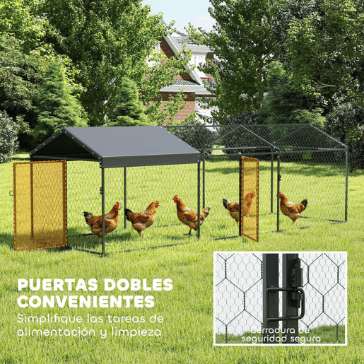 PawHut Galinheiro para Exterior Grande, 3x1x1 m, Galinheiro Metálico com Cobertura em Tecido Oxford, Anti-UV e Impermeável, 2 Portas com Fecho, Jaula para 3-5 Galinhas, Patos ou Coelhos, Preto
