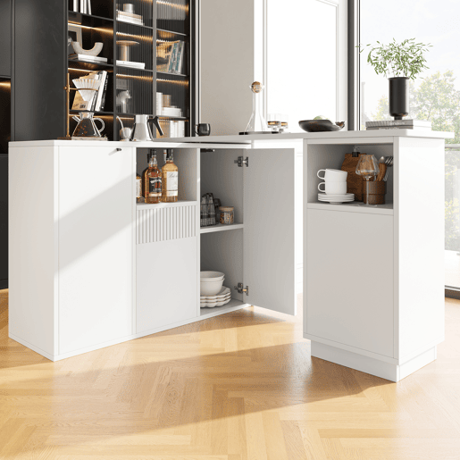 Mesa de bar giratória 210x30x100,9 cm - Design moderno, armazenamento aberto, superfície em mármore - Branco Mesa de bar giratória 210x30x100,9 cm - Design moderno, armazenamento aberto, superfície em mármore - Branco