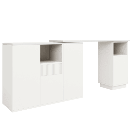 Mesa de bar giratória 210x30x100,9 cm - Design moderno, armazenamento aberto, superfície em mármore - Branco Mesa de bar giratória 210x30x100,9 cm - Design moderno, armazenamento aberto, superfície em mármore - Branco