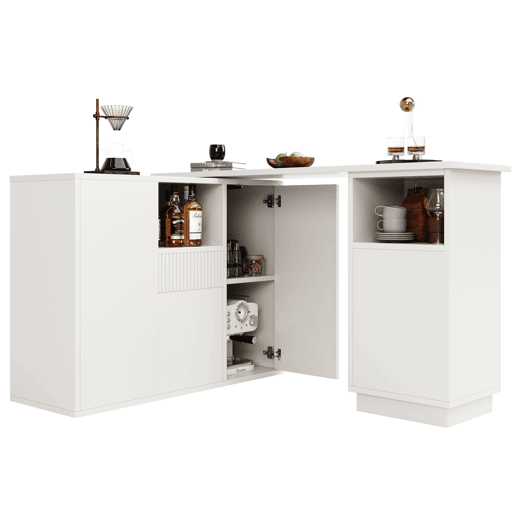 Mesa de bar giratória 210x30x100,9 cm - Design moderno, armazenamento aberto, superfície em mármore - Branco Mesa de bar giratória 210x30x100,9 cm - Design moderno, armazenamento aberto, superfície em mármore - Branco
