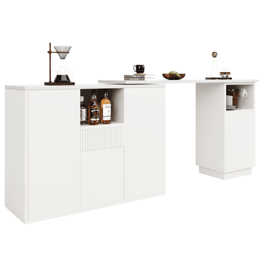 Mesa de bar giratória 210x30x100,9 cm - Design moderno, armazenamento aberto, superfície em mármore - Branco Mesa de bar giratória 210x30x100,9 cm - Design moderno, armazenamento aberto, superfície em mármore - Branco