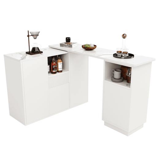 Mesa de bar giratória 210x30x100,9 cm - Design moderno, armazenamento aberto, superfície em mármore - Branco Mesa de bar giratória 210x30x100,9 cm - Design moderno, armazenamento aberto, superfície em mármore - Branco