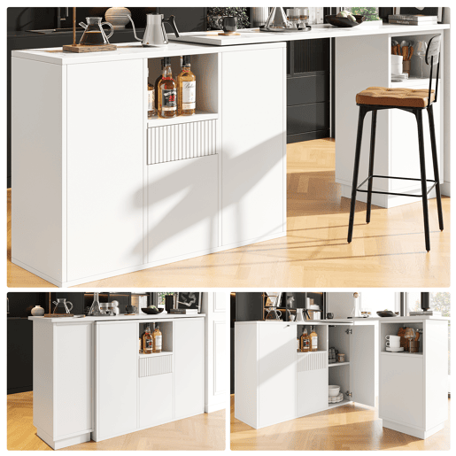 Mesa de bar giratória 210x30x100,9 cm - Design moderno, armazenamento aberto, superfície em mármore - Branco Mesa de bar giratória 210x30x100,9 cm - Design moderno, armazenamento aberto, superfície em mármore - Branco