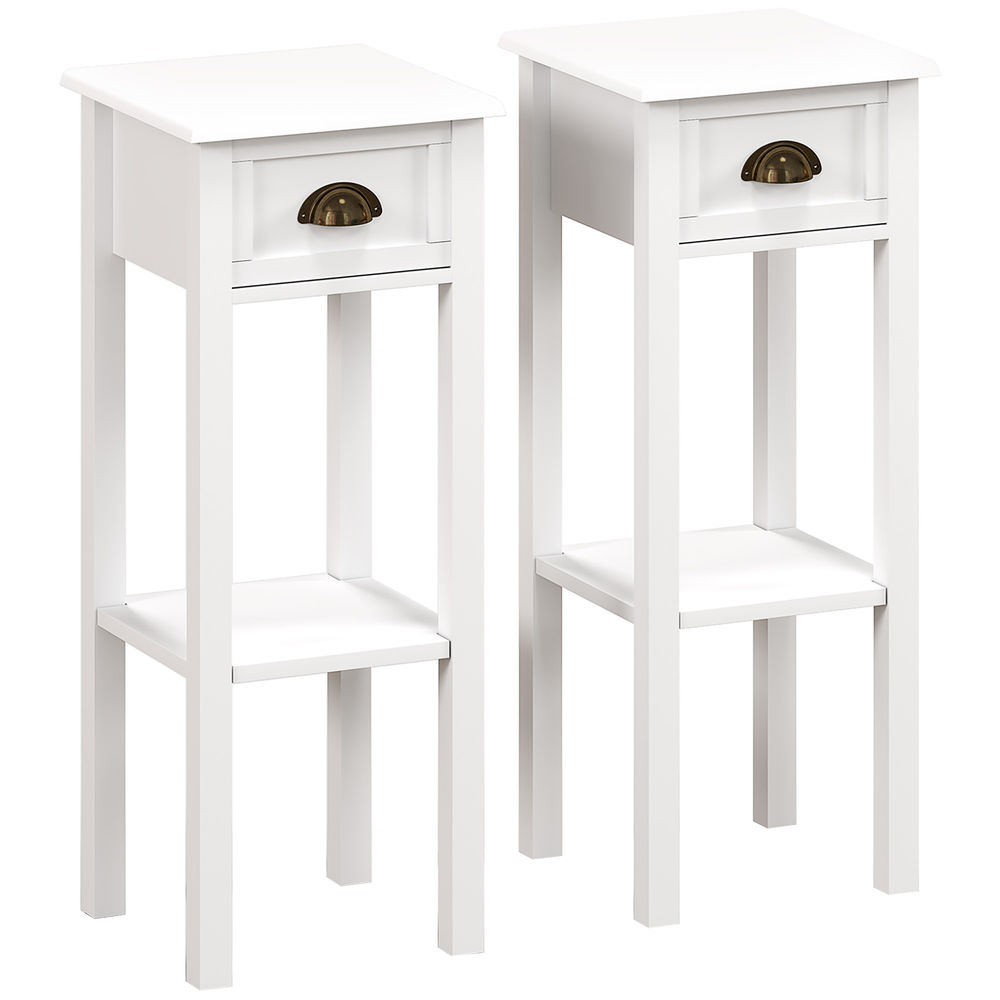 Homcom juego de 2 mesas auxiliares modernas, mesas auxiliares para sofá, con cajón y estante, mesitas de noche para salón, dormitorio, 30x30x75 cm, blanco