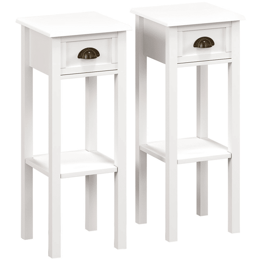 HOMCOM Conjunto de 2 Mesas Auxiliares Modernas, Mesas de Apoio para Sofá, com Gaveta e Prateleira, Mesas de Cabeceira para Sala, Quarto, 30x30x75 cm, Branco