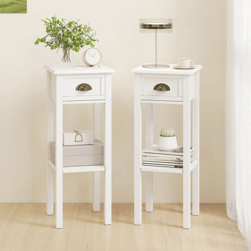 HOMCOM Conjunto de 2 Mesas Auxiliares Modernas, Mesas de Apoio para Sofá, com Gaveta e Prateleira, Mesas de Cabeceira para Sala, Quarto, 30x30x75 cm, Branco