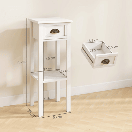 HOMCOM Conjunto de 2 Mesas Auxiliares Modernas, Mesas de Apoio para Sofá, com Gaveta e Prateleira, Mesas de Cabeceira para Sala, Quarto, 30x30x75 cm, Branco