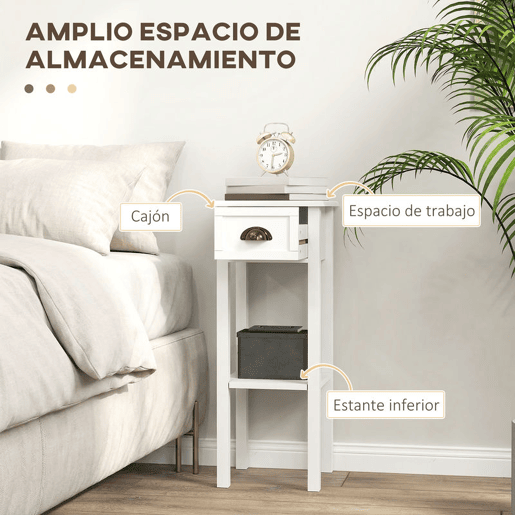 HOMCOM Conjunto de 2 Mesas Auxiliares Modernas, Mesas de Apoio para Sofá, com Gaveta e Prateleira, Mesas de Cabeceira para Sala, Quarto, 30x30x75 cm, Branco