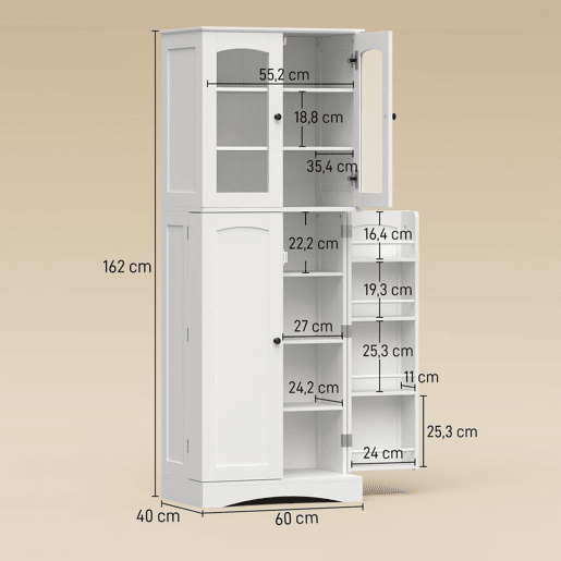 HOMCOM Armário de Cozinha Armário Despensa de Cozinha com Portas Acrílicas de Fecho Suave 10 Prateleiras 8 Compartimentos com 4 Prateleiras Ajustáveis para Sala de Jantar 60x40x162 cm Branco