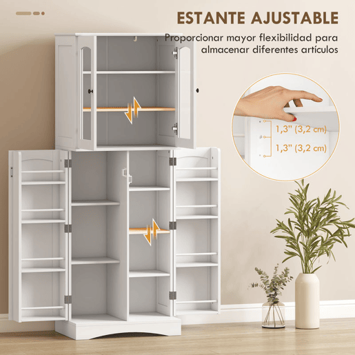 HOMCOM Armário de Cozinha Armário Despensa de Cozinha com Portas Acrílicas de Fecho Suave 10 Prateleiras 8 Compartimentos com 4 Prateleiras Ajustáveis para Sala de Jantar 60x40x162 cm Branco