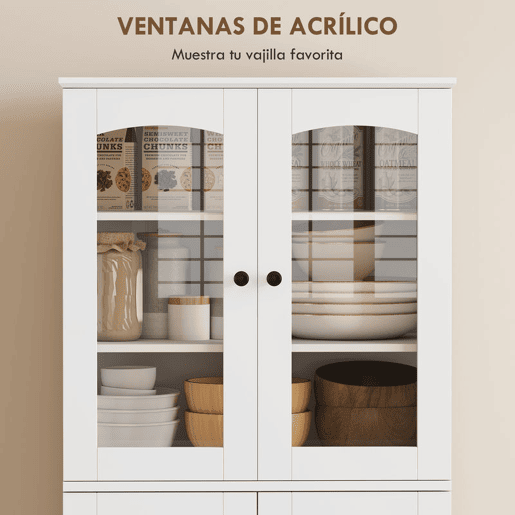 HOMCOM Armário de Cozinha Armário Despensa de Cozinha com Portas Acrílicas de Fecho Suave 10 Prateleiras 8 Compartimentos com 4 Prateleiras Ajustáveis para Sala de Jantar 60x40x162 cm Branco