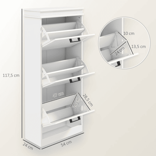 HOMCOM Sapateira Estreita 24 cm com 3 Portas Rebatíveis, Móvel Sapateira para Entrada, Prateleiras Ajustáveis, até 15 Pares de Sapatos, Ideal para Corredores e Espaços Pequenos, Branco