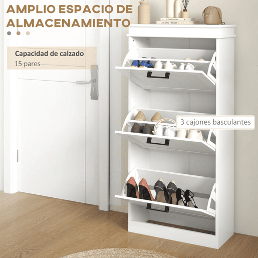 HOMCOM Sapateira Estreita 24 cm com 3 Portas Rebatíveis, Móvel Sapateira para Entrada, Prateleiras Ajustáveis, até 15 Pares de Sapatos, Ideal para Corredores e Espaços Pequenos, Branco