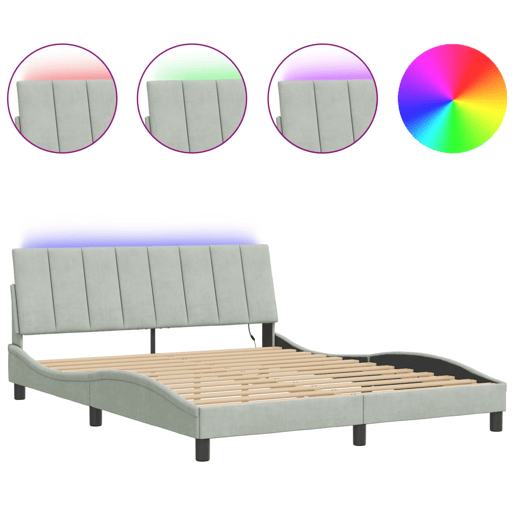 Estrutura de cama de casal moderno com LED - 160x200 cm veludo cinzento-claro
