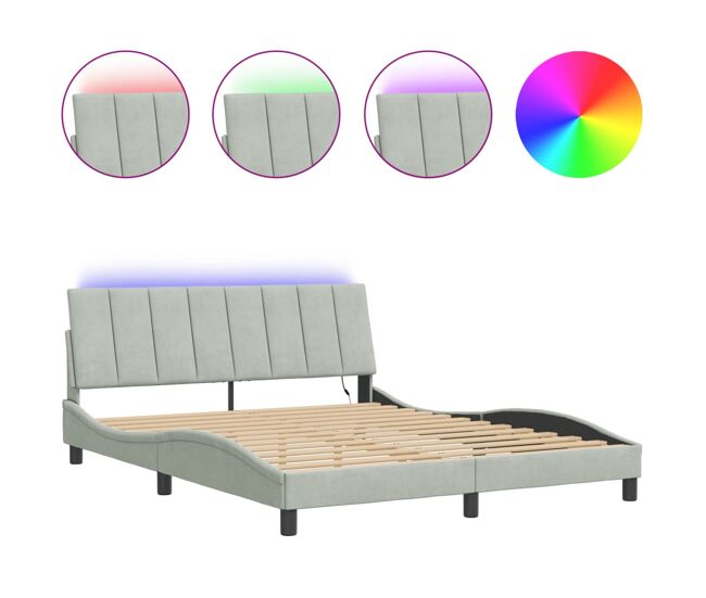 Estructura de cama doble matrimonial con led - terciopelo gris claro 160x200 cm