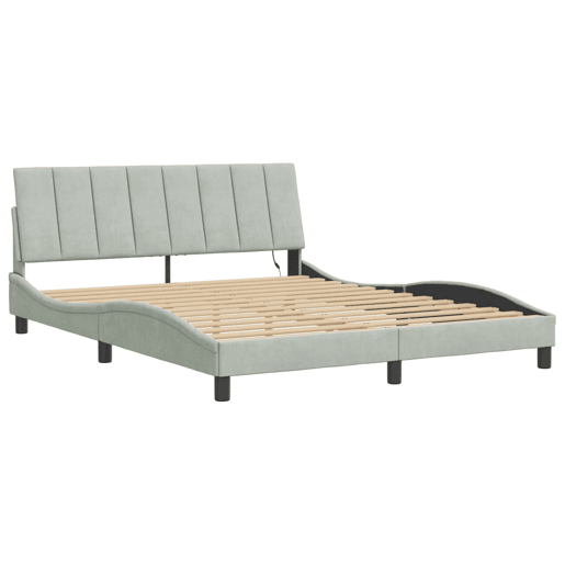 Estrutura de cama de casal moderno com LED - 160x200 cm veludo cinzento-claro