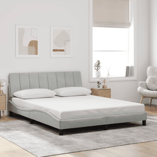 Estrutura de cama de casal moderno com LED - 160x200 cm veludo cinzento-claro