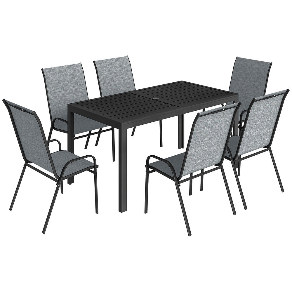 Outsunny conjunto de mesa y sillas jardín de 7 piezas, muebles jardín exterior con mesa metálica efecto madera con agujero, 6 sillas apilables transpirables, marco de acero resistente, gris mixto