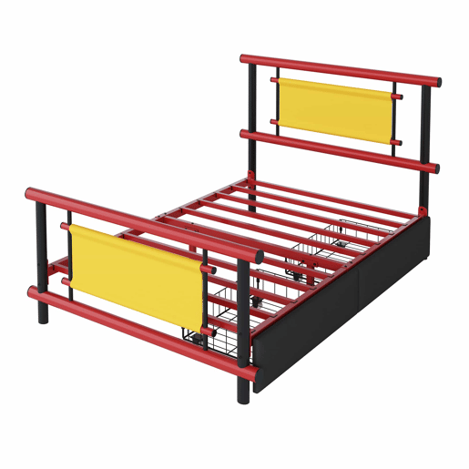 Cama infantil de metal 90 x 200 cm - com gavetas, estrutura robusta em aço, cama de plataforma, design em cores vivas, poupa espaço para quartos infantis de meninos e meninas - Vermelho