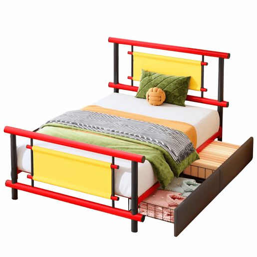 Cama infantil de metal 90 x 200 cm - com gavetas, estrutura robusta em aço, cama de plataforma, design em cores vivas, poupa espaço para quartos infantis de meninos e meninas - Vermelho