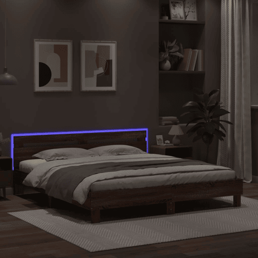 Estrutura de cama de casal c cabeceiraluzes LED - 200x200cm carvalho castanho