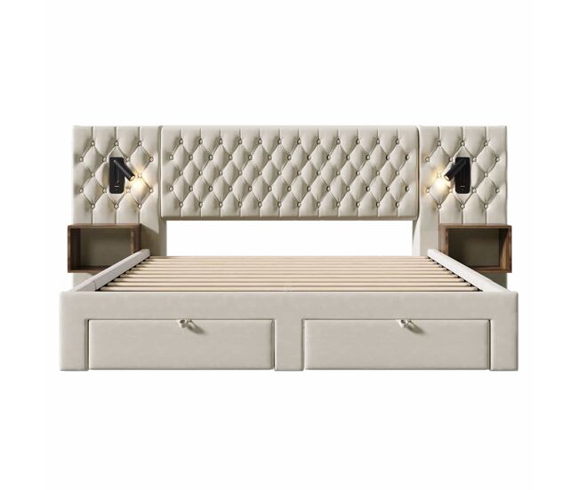 Cama doble 180x200 cm - conjunto dormitorio completo con 2 mesitas y 4 cajones, cabecero con luz de lectura y carga usb - beige