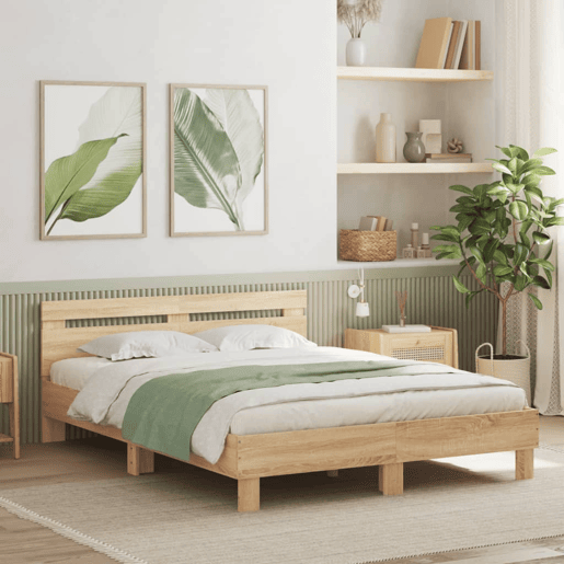 Estrutura Cama de casal simple c cabeceiraluzes LED 150x200cm carvalho sonoma