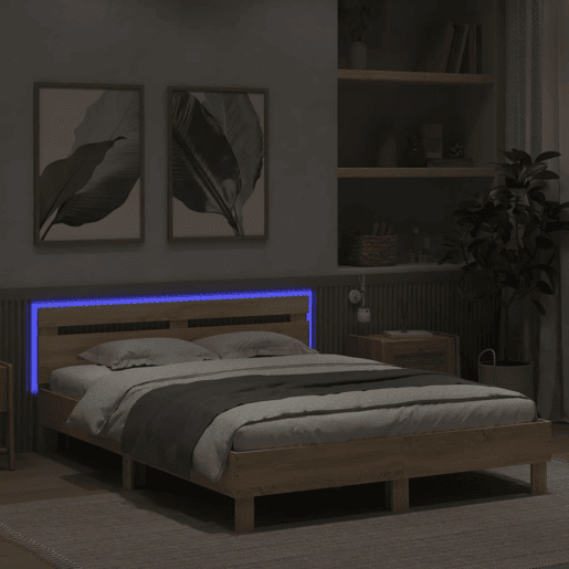Estrutura Cama de casal simple c cabeceiraluzes LED 150x200cm carvalho sonoma