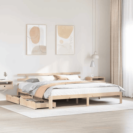 Estrutura De Cama De Casal Moderno c gavetas - 200x200 cm madeira de pinho maciça