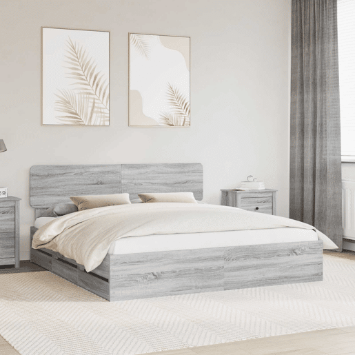 Estrutura de cama de casal king size com cabeceira - Sonoma cinza 200 x 200 cm