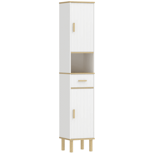 HOMCOM Armário Alto para Casa de Banho, Móvel Auxiliar Estreito com Prateleiras Ajustáveis, Portas Ranhuradas, Gaveta, Compartimento Aberto, Pés de Madeira, para Espaços Pequenos, 31,5x29,7x171,5 cm, Branco