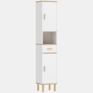 HOMCOM Armário Alto para Casa de Banho, Móvel Auxiliar Estreito com Prateleiras Ajustáveis, Portas Ranhuradas, Gaveta, Compartimento Aberto, Pés de Madeira, para Espaços Pequenos, 31,5x29,7x171,5 cm, Branco