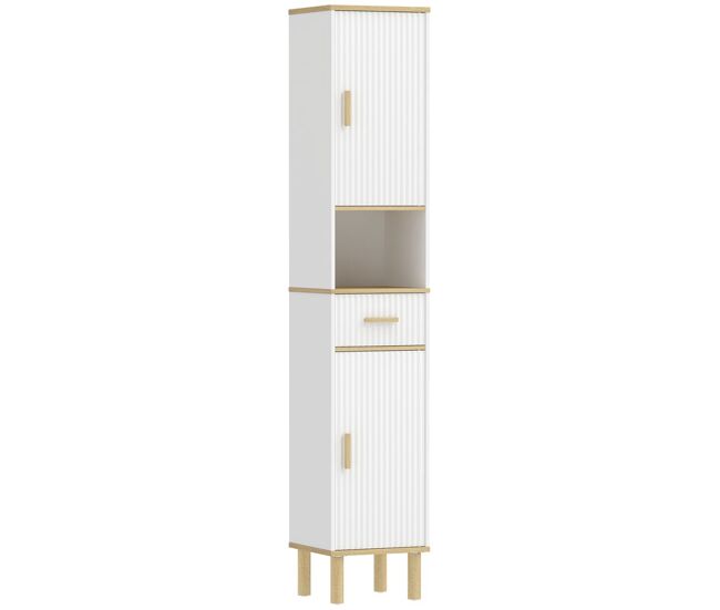 Homcom armario de baño alto, mueble auxiliar de baño estrecho con estantes ajustables, puertas acanaladas, cajón, estante abierto, patas de madera, para espacios pequeños, 31,5x29,7x171,5 cm, blanco