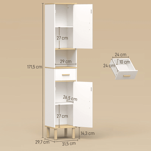 HOMCOM Armário Alto para Casa de Banho, Móvel Auxiliar Estreito com Prateleiras Ajustáveis, Portas Ranhuradas, Gaveta, Compartimento Aberto, Pés de Madeira, para Espaços Pequenos, 31,5x29,7x171,5 cm, Branco