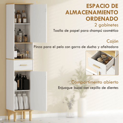 HOMCOM Armário Alto para Casa de Banho, Móvel Auxiliar Estreito com Prateleiras Ajustáveis, Portas Ranhuradas, Gaveta, Compartimento Aberto, Pés de Madeira, para Espaços Pequenos, 31,5x29,7x171,5 cm, Branco