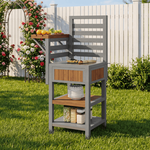 Armário de jardim de tamanho médio - bancada em aço inoxidável, duas prateleiras, zona para churrasco com espaço de arrumação adicional, resistente às intempéries - natural