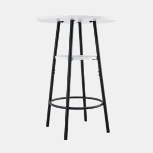 Mesa alta de bar com 60 cm de diâmetro x 89 cm de altura - com espaço de arrumação, efeito mármore moderno e estrutura metálica preta - branca