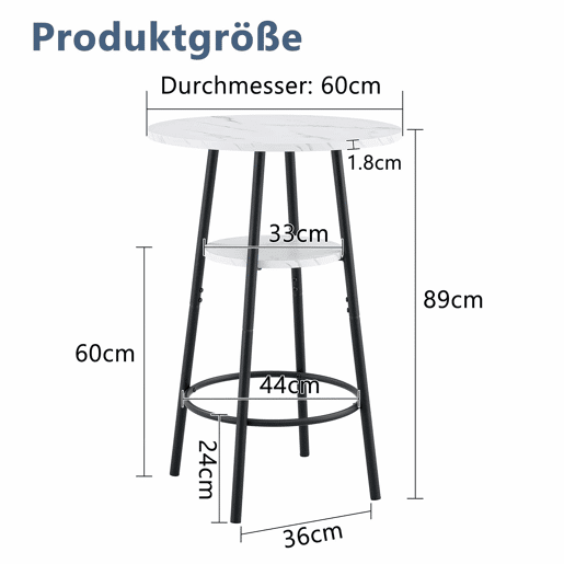 Mesa alta de bar com 60 cm de diâmetro x 89 cm de altura - com espaço de arrumação, efeito mármore moderno e estrutura metálica preta - branca