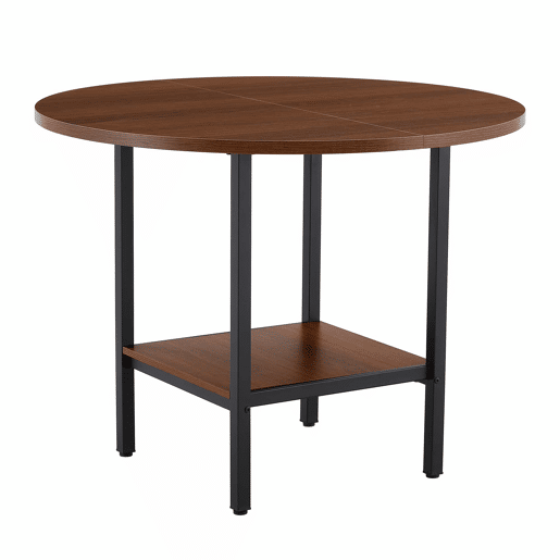 Mesa de jantar redonda com 100 cm de diâmetro - com prateleira de arrumação, acabamento em nogueira, estrutura metálica, para 4-6 pessoas - nogueira