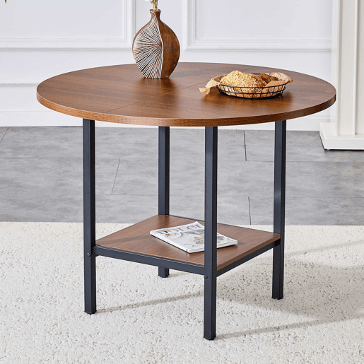 Mesa de jantar redonda com 100 cm de diâmetro - com prateleira de arrumação, acabamento em nogueira, estrutura metálica, para 4-6 pessoas - nogueira