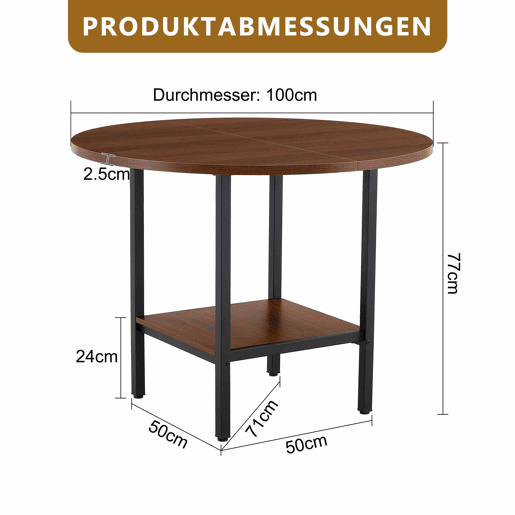 Mesa de jantar redonda com 100 cm de diâmetro - com prateleira de arrumação, acabamento em nogueira, estrutura metálica, para 4-6 pessoas - nogueira