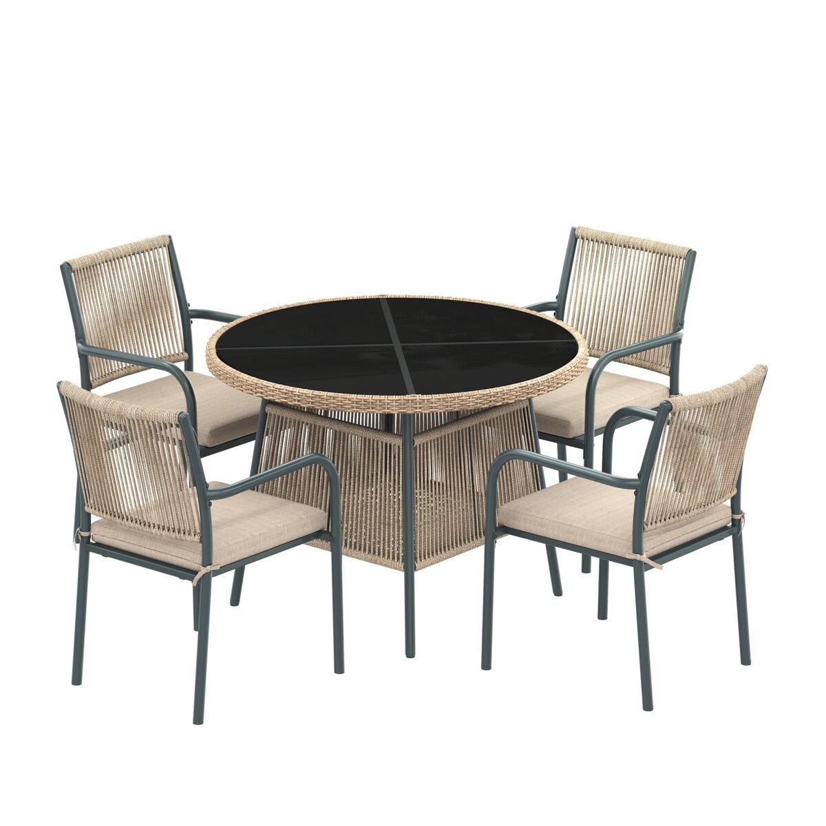 Conjunto jardín 4 plazas - mesa redonda de vidrio y 4 sillones de ratán - gris