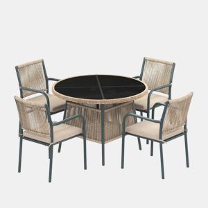 Conjunto de jardim para 4 pessoas - mesa redonda de vidro e 4 cadeiras de vime - cinza