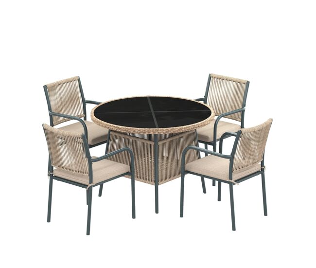 Conjunto jardín 4 plazas - mesa redonda de vidrio y 4 sillones de ratán - gris